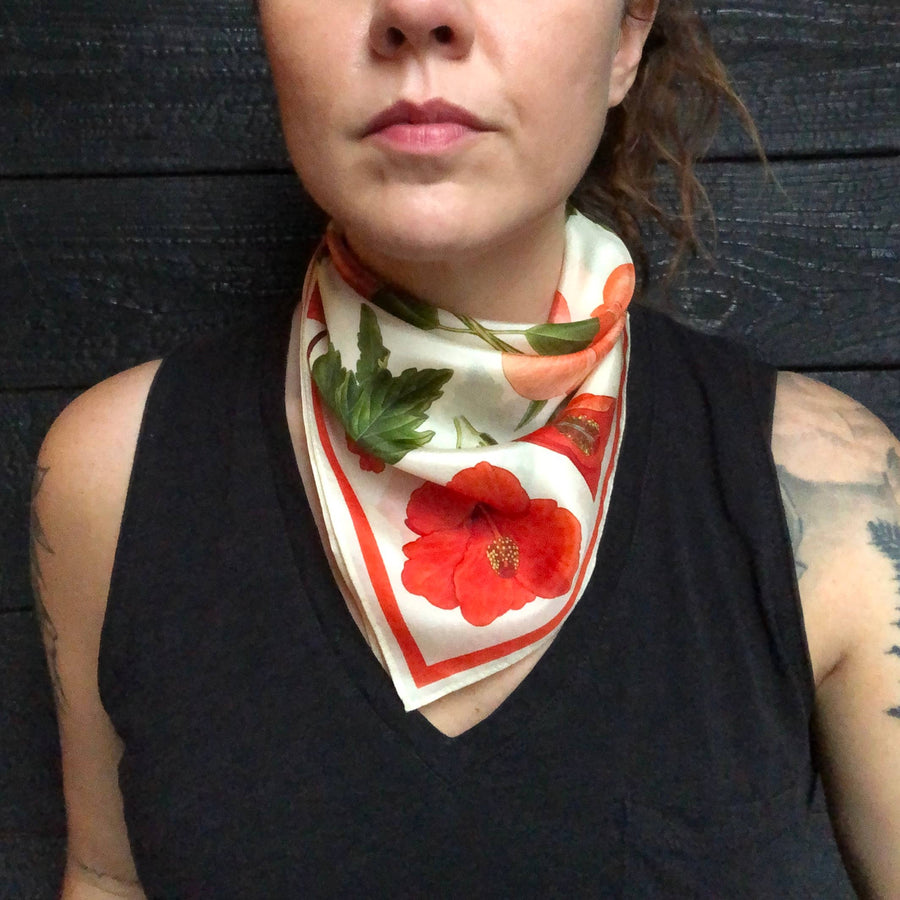 100% Silk Scarf Botanical Hibiscus Flower Bandana Tapestry: 17