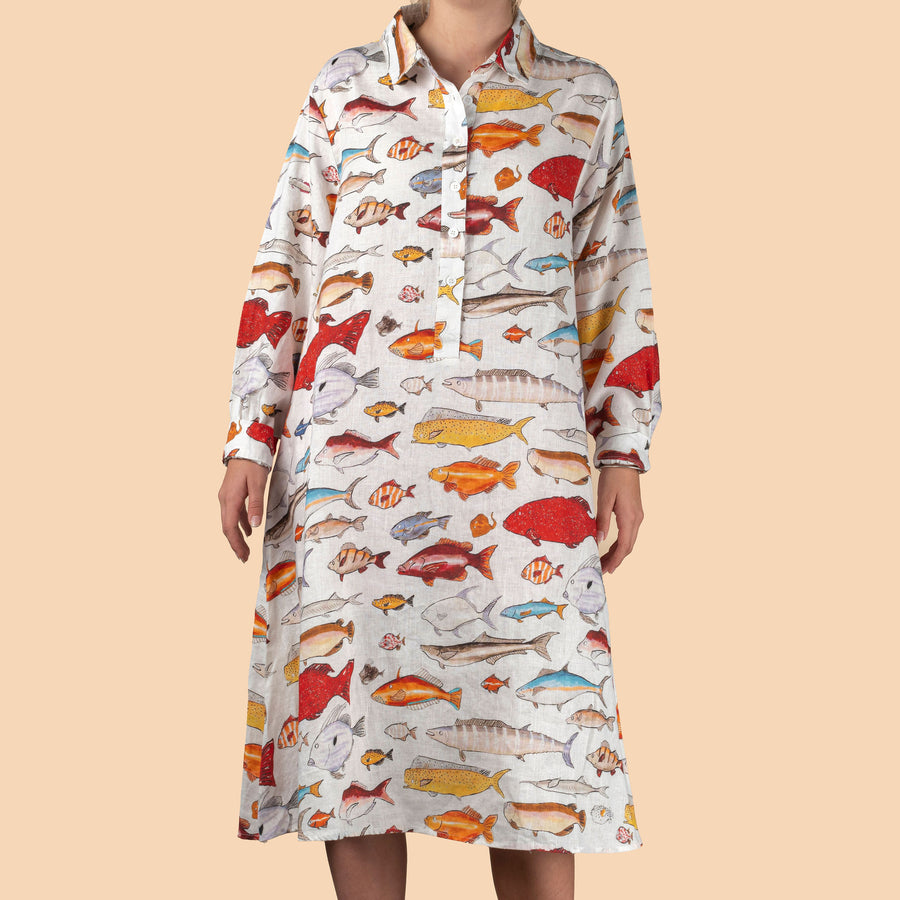 Ladies Linen Fish Frenzy Dress