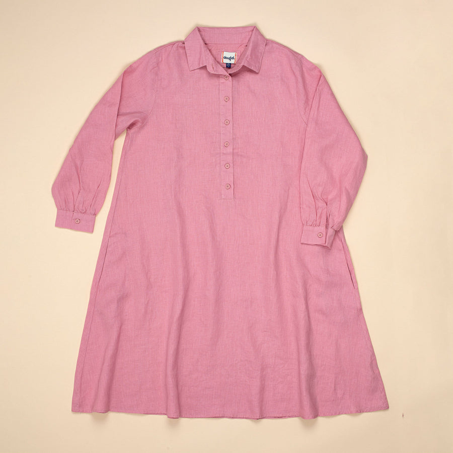 Ladies Linen Shirt Dress - Pink