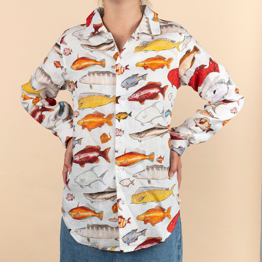 Ladies Linen Fish Frenzy Shirt