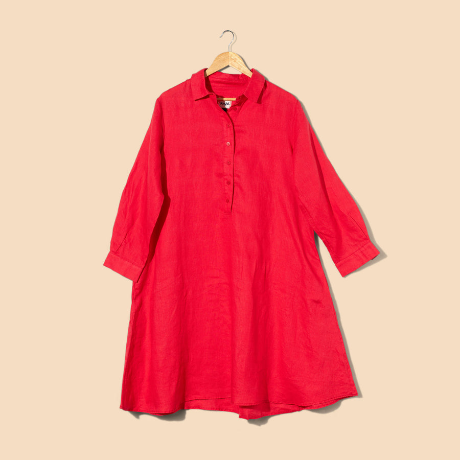 Ladies Linen Shirt Dress - Red