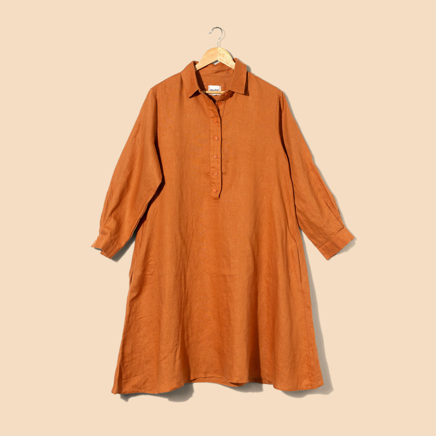 Ladies Linen Shirt Dress - Mustard