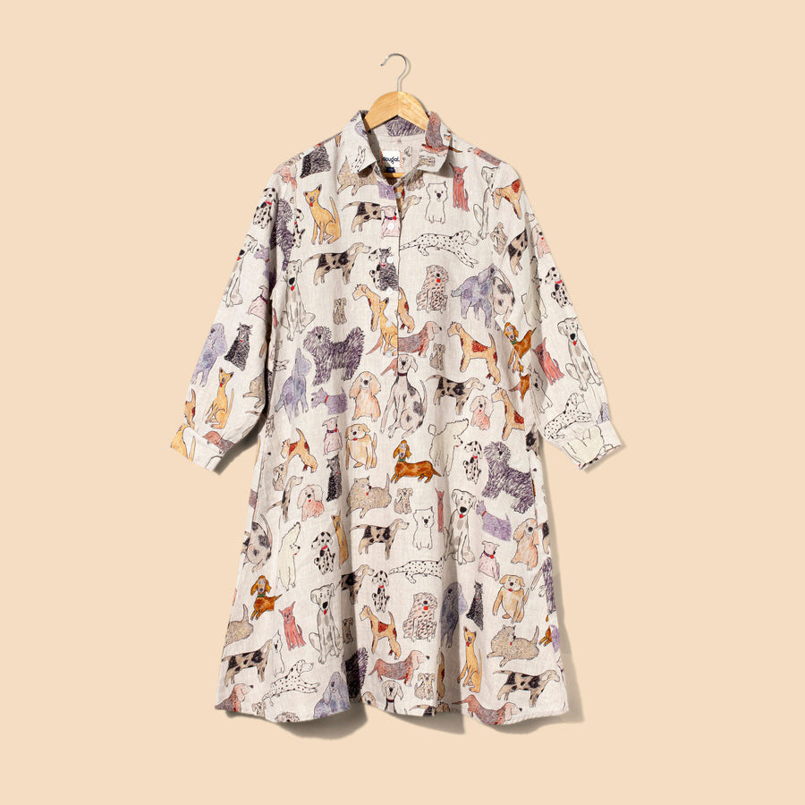 Ladies Linen Long Sleeve Dress - Dogs