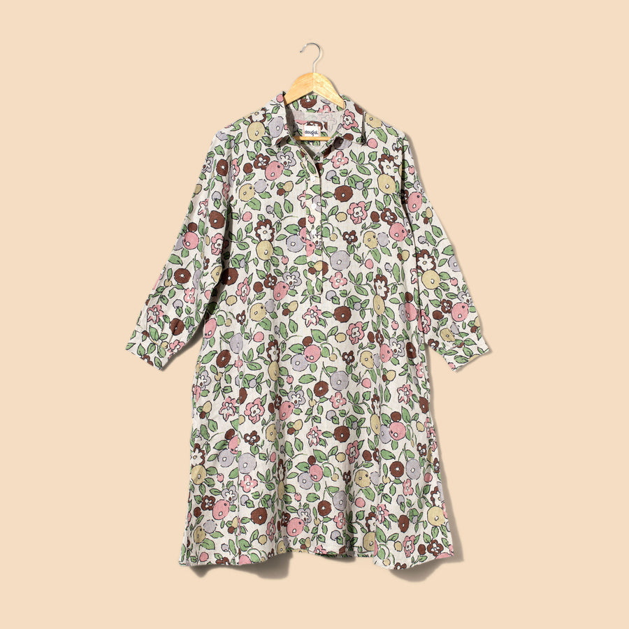 Ladies Linen Long Sleeve Dress - Floral