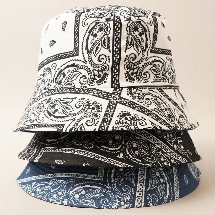 Paisley Pattern Reversible Safari Bucket Hat: NAVY / One Size