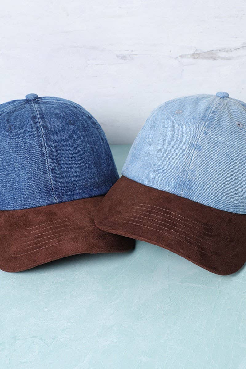 Brown Suede Visor Denim Baseball Cap Hat: DARK BLUE/BROWN / One Size