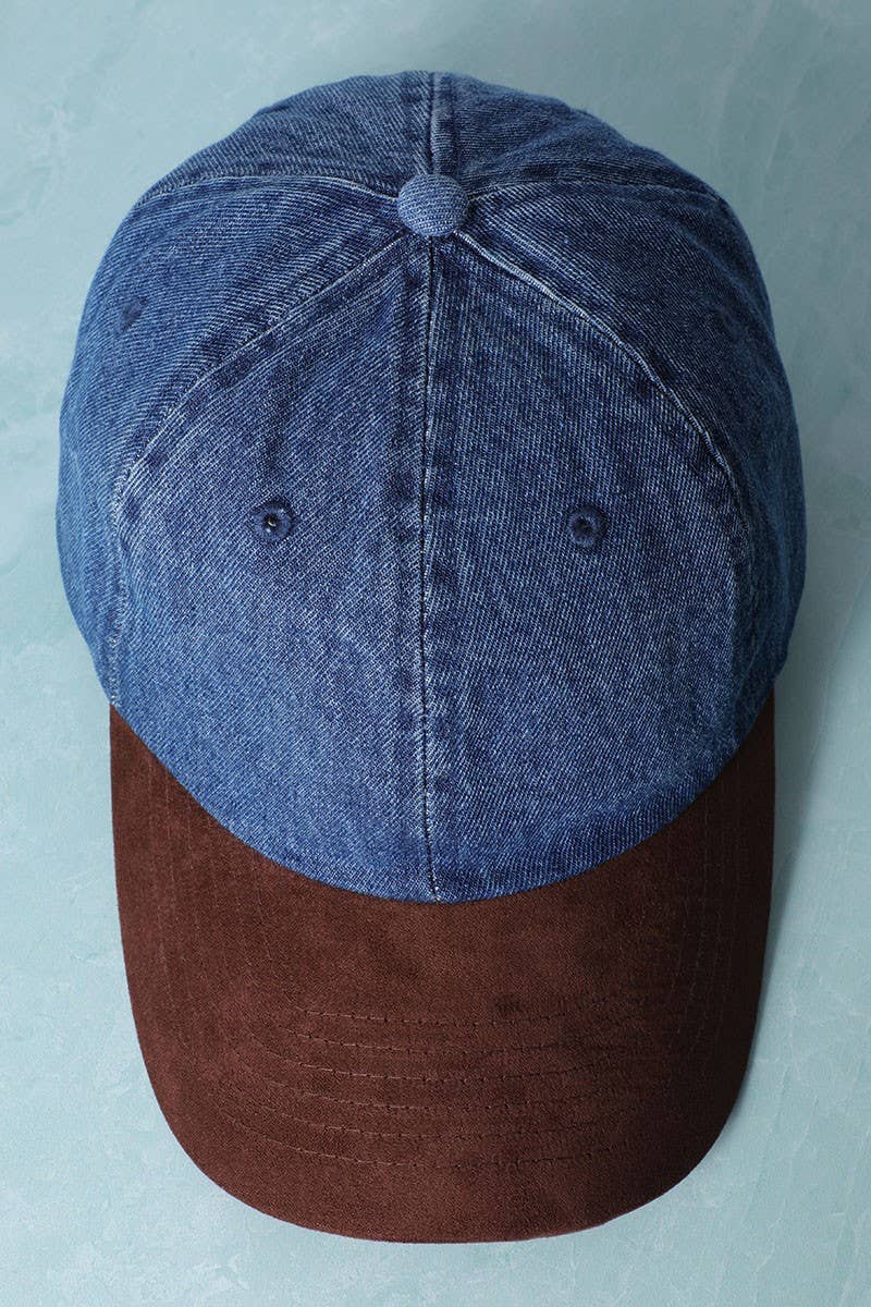 Brown Suede Visor Denim Baseball Cap Hat: DARK BLUE/BROWN / One Size