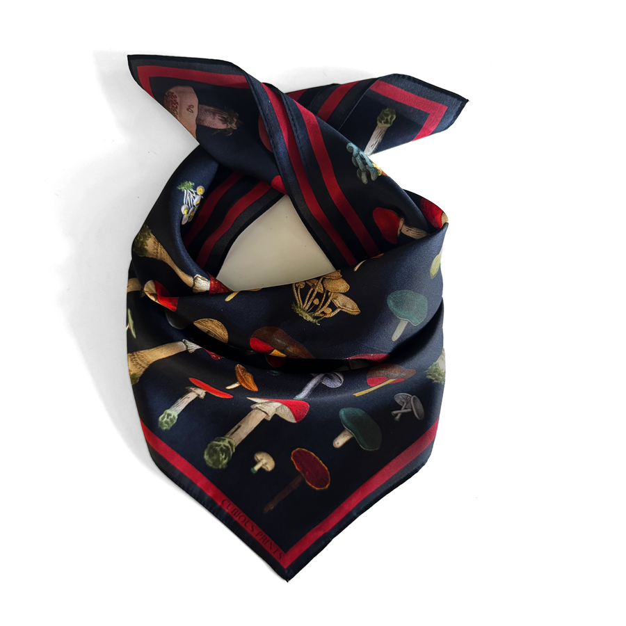 100% Silk Scarf Vintage Black Mushroom Bandana 17x17