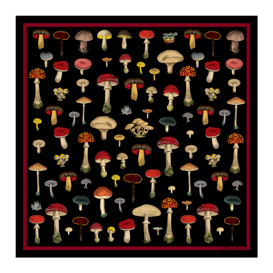 100% Silk Scarf Vintage Black Mushroom Bandana 17x17