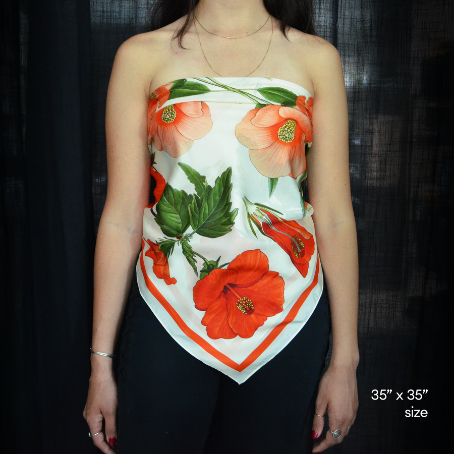 100% Silk Scarf Botanical Hibiscus Flower Bandana Tapestry: 17