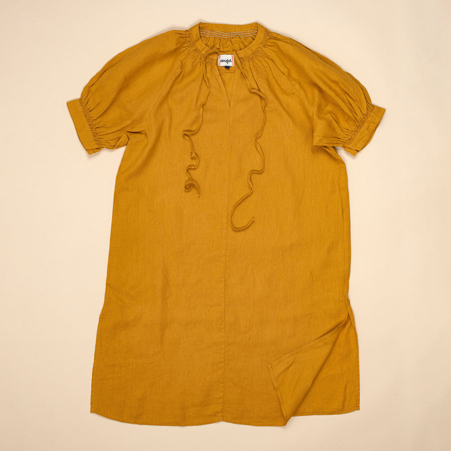 Ladies Linen Drawstring Dress - Mustard