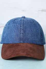 Brown Suede Visor Denim Baseball Cap Hat: DARK BLUE/BROWN / One Size