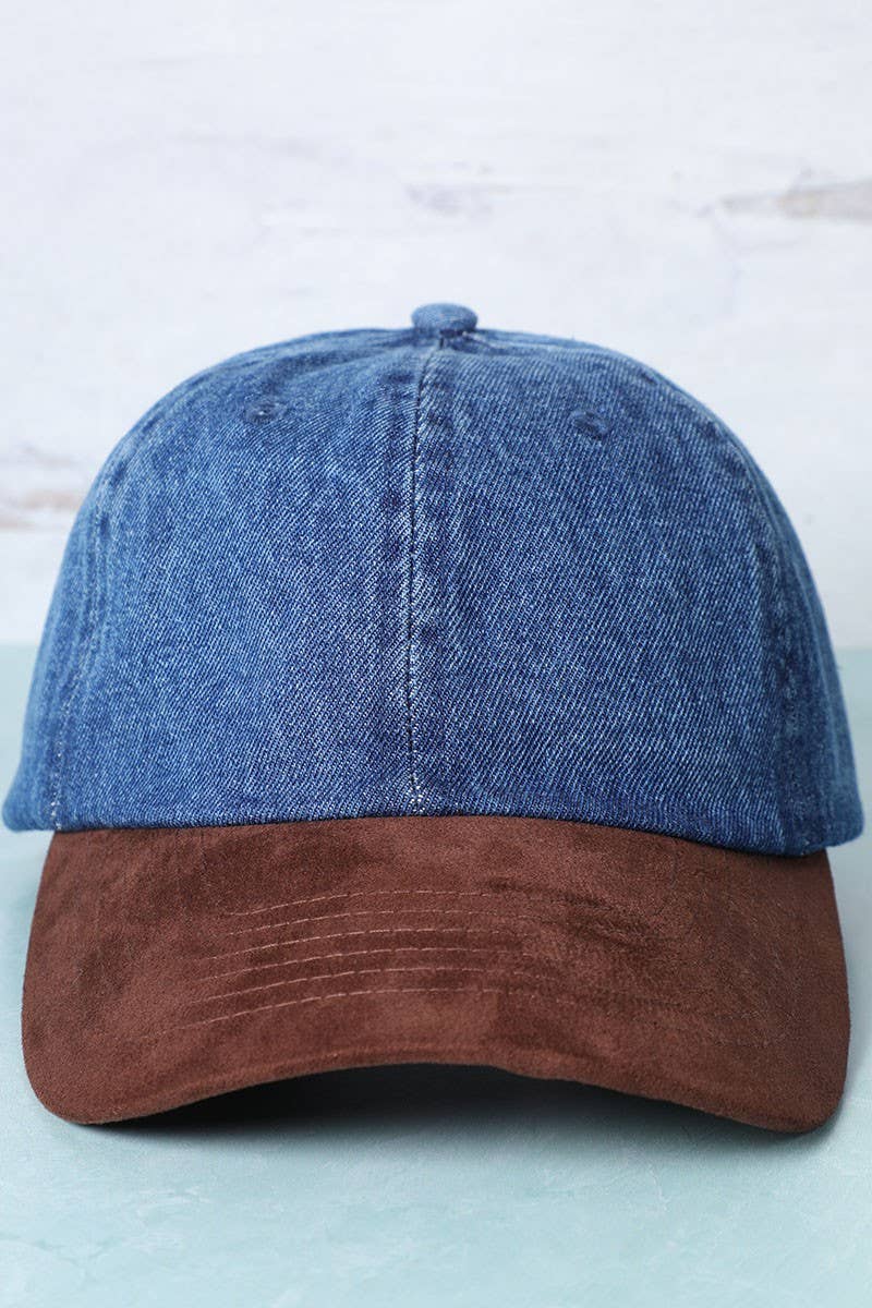 Brown Suede Visor Denim Baseball Cap Hat: DARK BLUE/BROWN / One Size