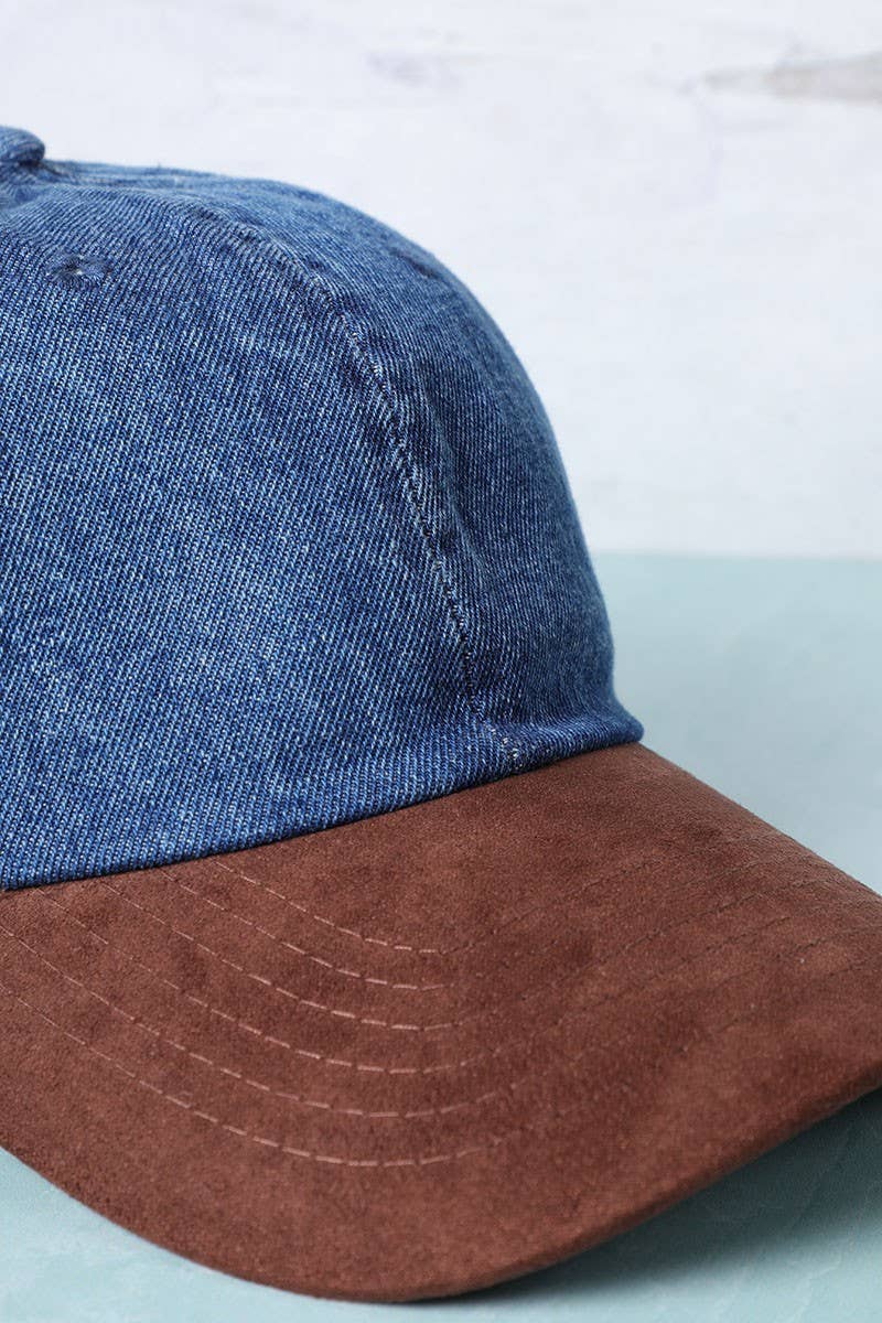Brown Suede Visor Denim Baseball Cap Hat: DARK BLUE/BROWN / One Size