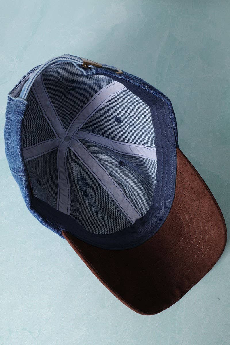 Brown Suede Visor Denim Baseball Cap Hat: DARK BLUE/BROWN / One Size