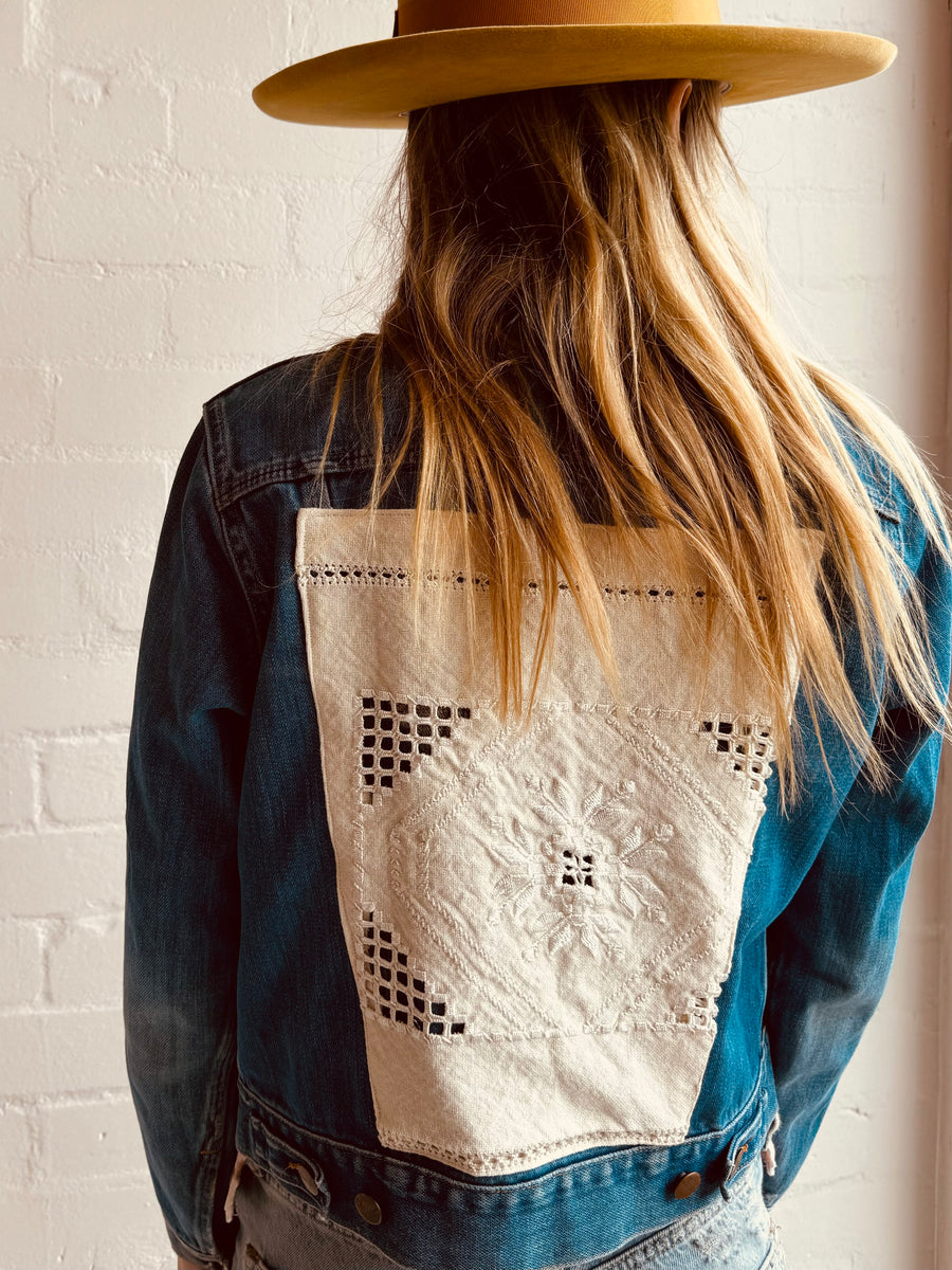 Hand crafted Vintage Denim Jacket with embroidered doily