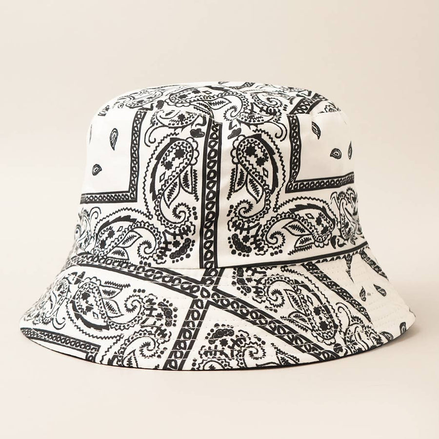 Paisley Pattern Reversible Safari Bucket Hat: WHITE / One Size