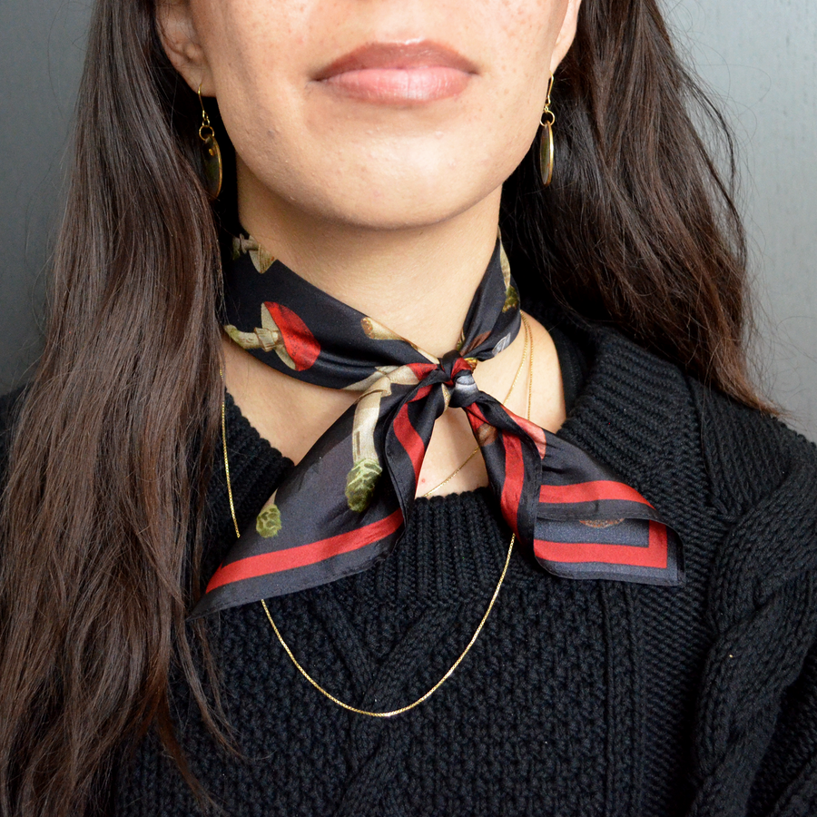 100% Silk Scarf Vintage Black Mushroom Bandana 17x17
