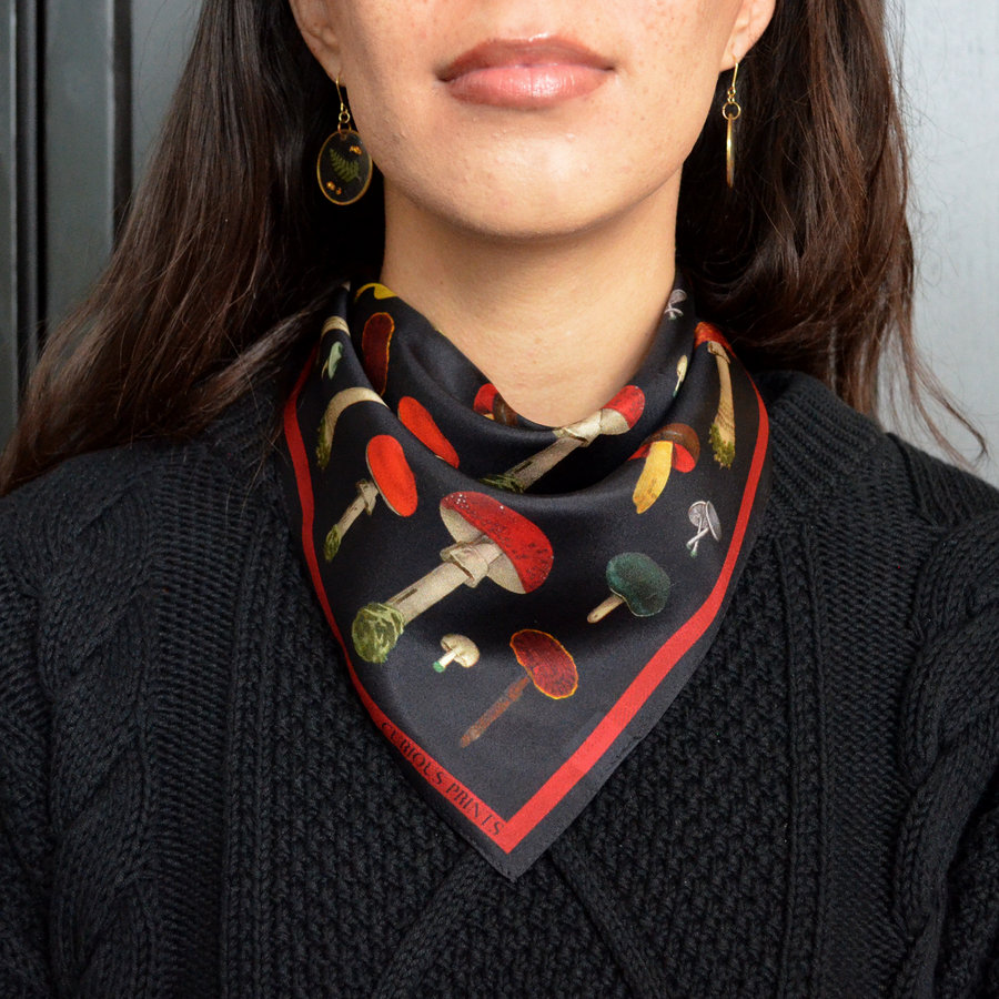 100% Silk Scarf Vintage Black Mushroom Bandana 17x17